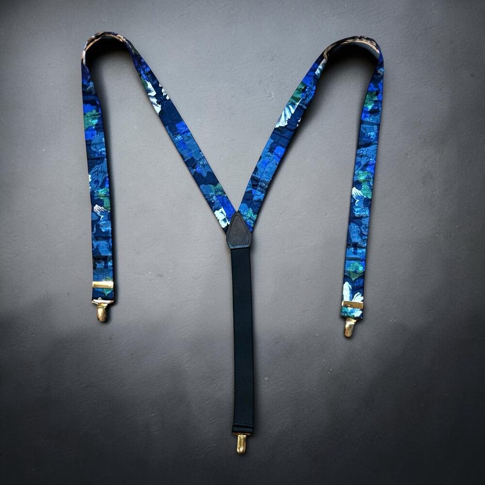 Vintage CAS Germany Suspenders Mens Multicolor Blue Green Gold Tone Clips